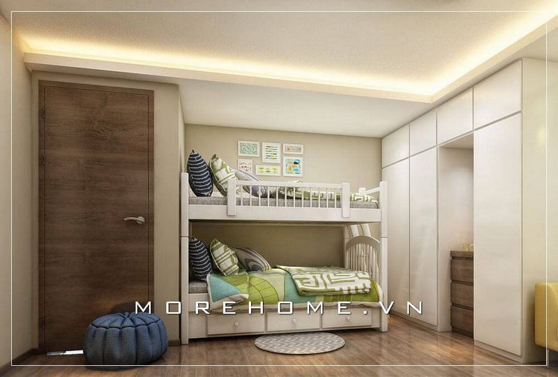 Thiết kế nội thất phòng ngủ trẻ em phong cách hiện đại, chiếc giường tầng đa năng được lựa chọn giúp con vừa có không gian riêng tư vừa mang lại sự thoải mái cho con