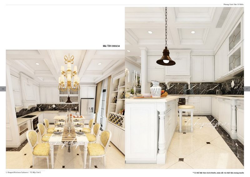 Thiết kế phòng bếp - ăn màu trắng theo phong cách tân cổ điển tương phản với đá ốp tường bếp màu đen huyền bí là lựa chọn hoàn hảo cho cả biệt thự, nhà phố, chung cư cao cấp.