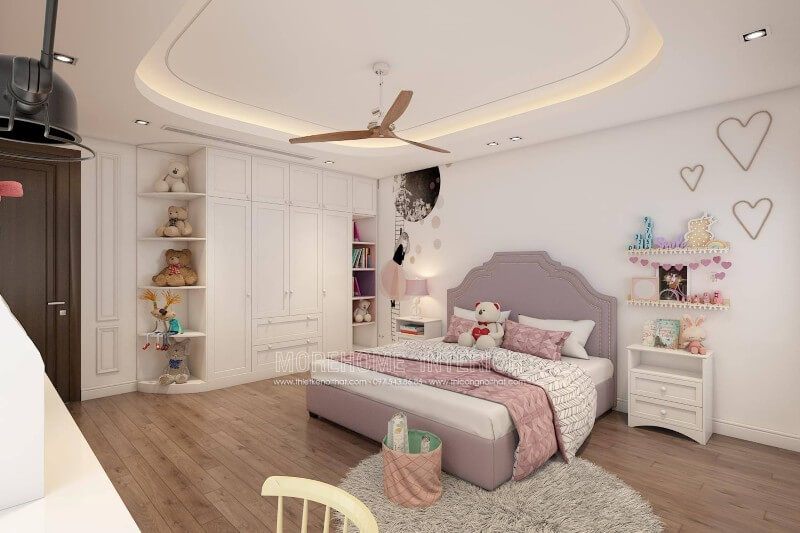 Mẫu giường ngủ gỗ bọc da màu hồng cho phòng ngủ bé gái