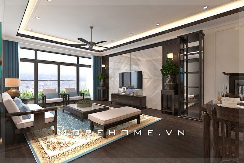 Chất liệu gỗ, một trong những chất lượng tuyệt vời tạo nên sự hoàn hảo cho không gian Á Đông, ý tưởng thiết kế phòng khách chung cư sử dụng gỗ kết hợp cùng đá như trong mẫu thiết kế trên sẽ giúp bạn có thêm một sự lựa chọn ấn tượng cho phòng khách của mình.